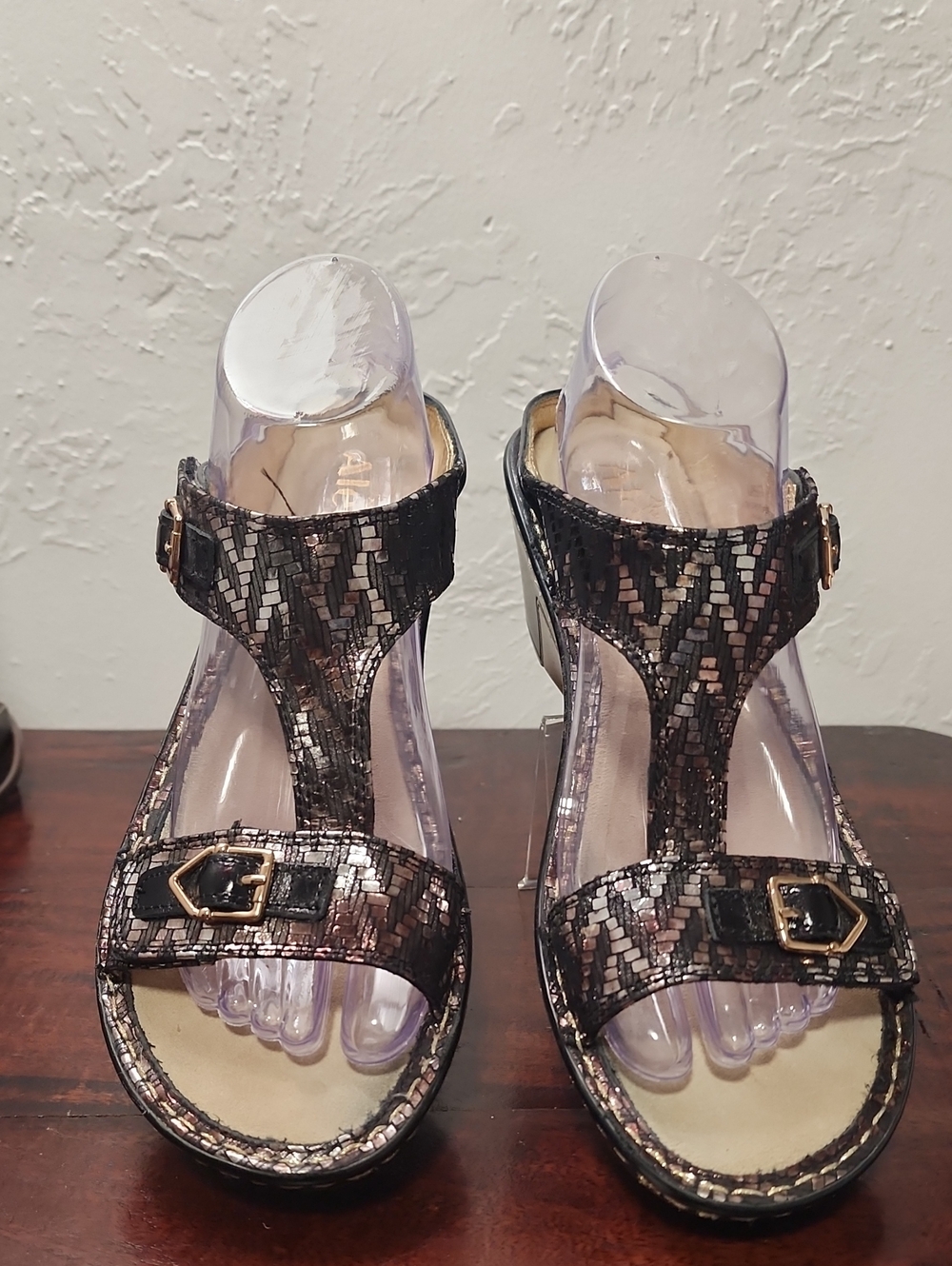 Alegria Metallic Black and Silver T-Strap Sandals with Gold Buckles